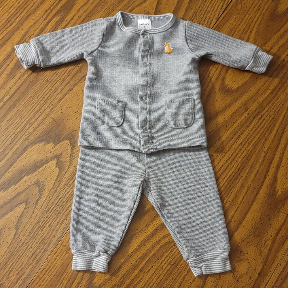 Carter’s 2 Piece Outfit Set 3M Gray Waffle Knit Fox Top & Pants